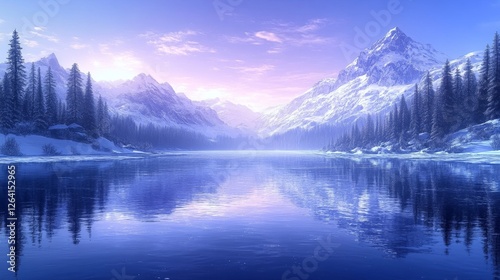 MajesticWinterSceneReflectionsOntheWaterSurfaceMountainsandForestsUnderaBleuishSkyinScenicEnvironmentTranquility