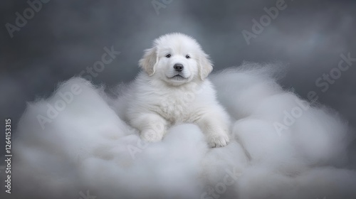 A cute golden retriever puppy sitting on a soft white rug.photorealistic portrait,