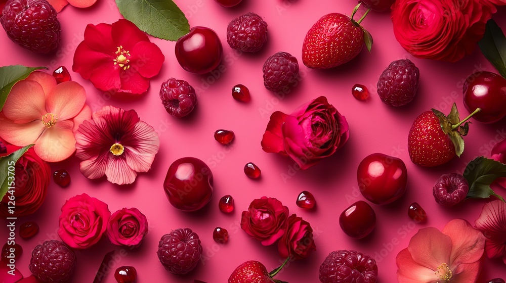 Fototapeta premium A vibrant arrangement of red flowers and fruits, including strawberries, raspberries, and roses, set against a pink background, creating a lush, romantic vibe.