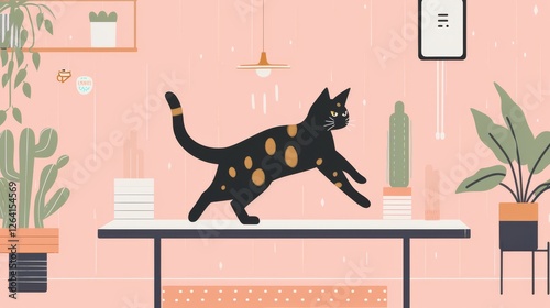 Obraz na płótnie A minimalist digital illustration of a black cat with golden spots walking across a sleek table in a stylish, pastel-toned modern interior with plants. AI generated. w salonie