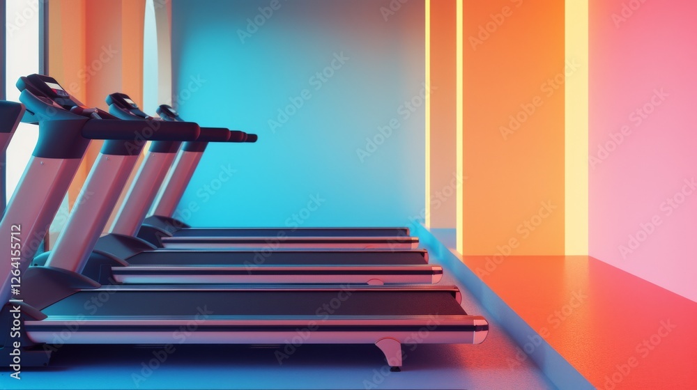 A row of sleek treadmills stands in a gym illuminated by vibrant neon lighting. The bold mix of warm and cool tones creates a futuristic and energetic fitness atmosphere. AI generated.
