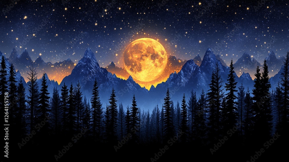 Fototapeta premium Serene Mountainscape with Golden Full Moon and Starry Night Sky Nature Scenery Wallpaper Background for Digital Arts 4k Resolution