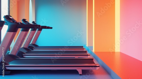 Obraz na płótnie A row of sleek treadmills stands in a gym illuminated by vibrant neon lighting. The bold mix of warm and cool tones creates a futuristic and energetic fitness atmosphere. AI generated. w salonie