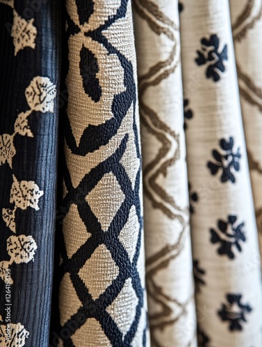 Patterns of fabric featuring floral and geometric designs with blank space for text in a cozy textile setting. Generative AI