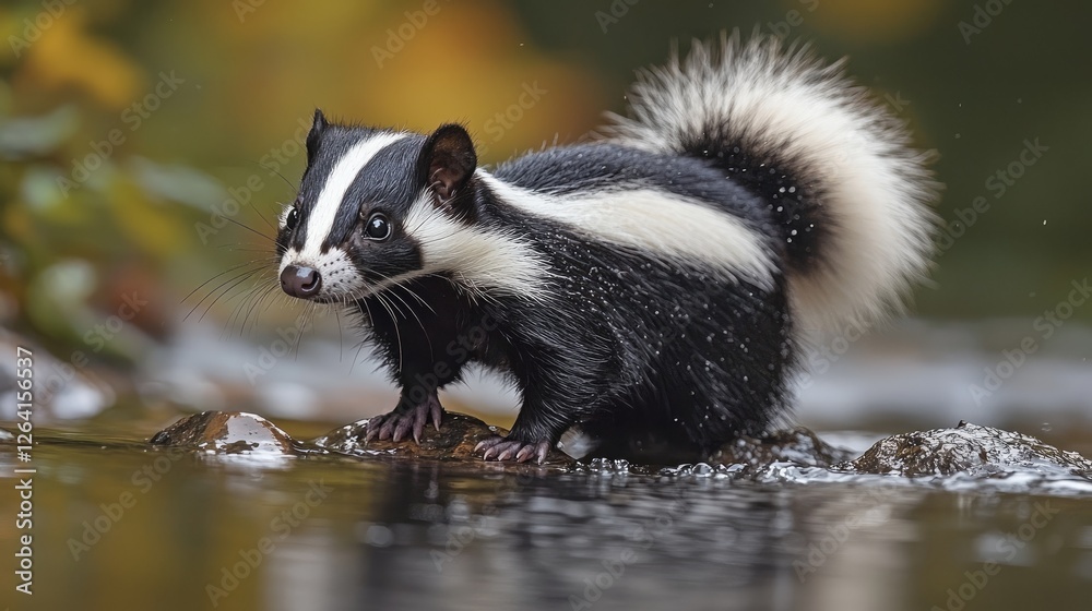A black and white skunk standing on rocks in a serene stream, surrounded by autumn foliage
