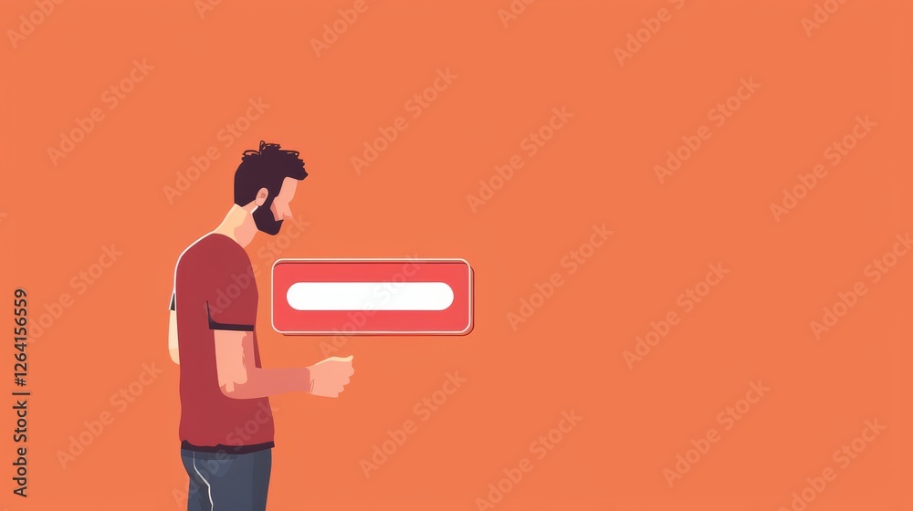 Simple digital illustration of a man in a red shirt standing in front of a restriction sign on an orange background. Concept of access denial or restriction. AI generated.