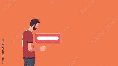 Obraz na płótnie Simple digital illustration of a man in a red shirt standing in front of a restriction sign on an orange background. Concept of access denial or restriction. AI generated. w salonie