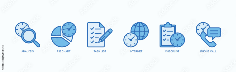 Insight Task Network Icon Set Isolated Vector Illustration Concept With Icon Of Analysis, Pie Chart, Task List, Internet, Checklist, Phone Call In Blue Style