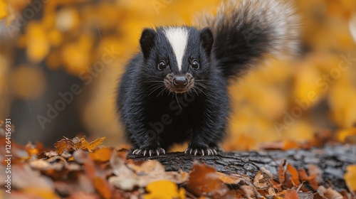 Striped skunk standing on a log amidst vibrant autumn leaves in a forest setting