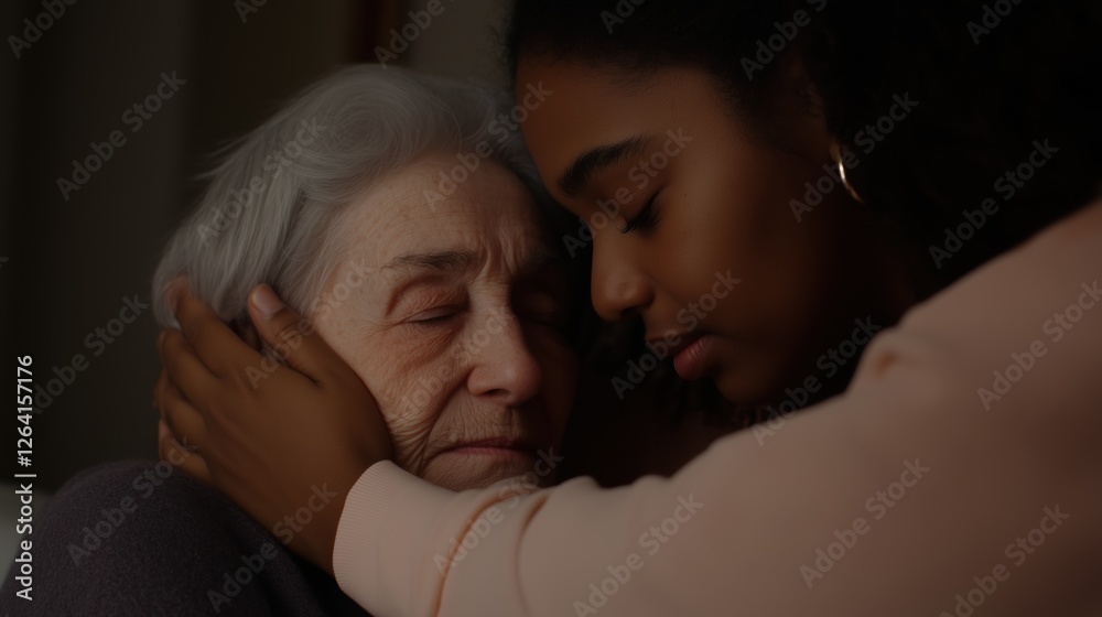 Tender Embrace: A young woman gently cradles an elderly woman's head, their faces close in a tender embrace, conveying a profound sense of love, care, and connection. Tender Embrace: A young woman gently cradles an elderly woman's head, their faces close in a tender embrace, conveying a profound sense of love, care, and connection.