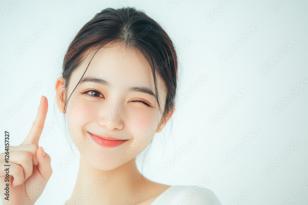 Bright and cheerful young woman smiling and pointing upward, conveying positivity and encouragement against a clean white background. Bright and cheerful young woman smiling and pointing upward, conveying positivity and encouragement against a clean white background.