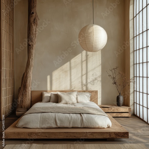 Minimalist serene bedroom with platform bed and natural light photo