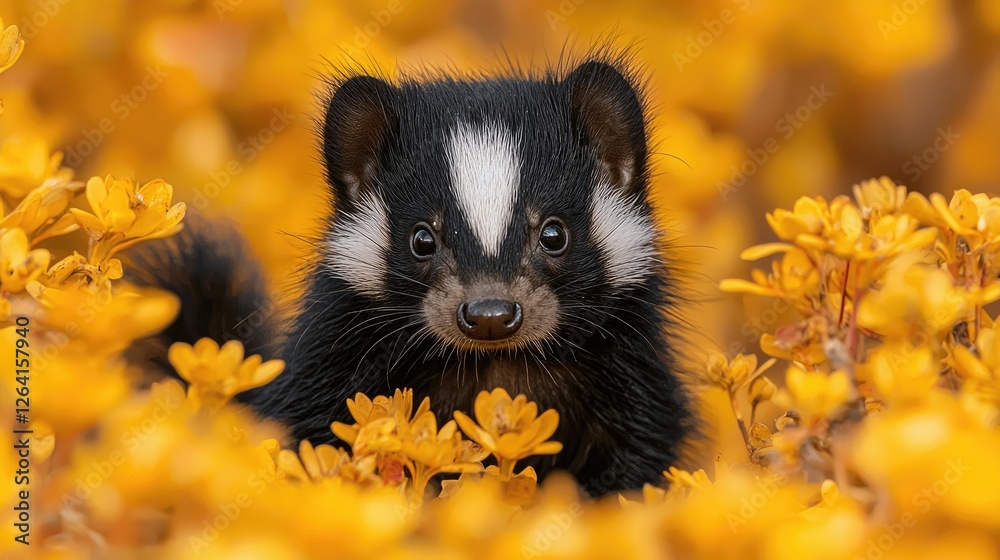 Fototapeta premium A curious black and white animal peeking through vibrant yellow flowers in a sunny garden setting