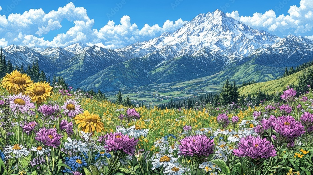 Obraz premium Majesticmountainpeakscapedwithcolorfulwildflowermeadowintranquilscenebeautifulnaturalscenerypeacefulenvironment