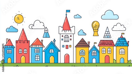 Colorful Pixelated Townscape Illustration Whimsical Buildings and a Castle Tower with Clouds and Sun for Graphic Design Projects