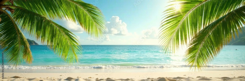 Fototapeta premium Palm fronds and beachy vibes on a warm sandy shore, beach, palm, texture