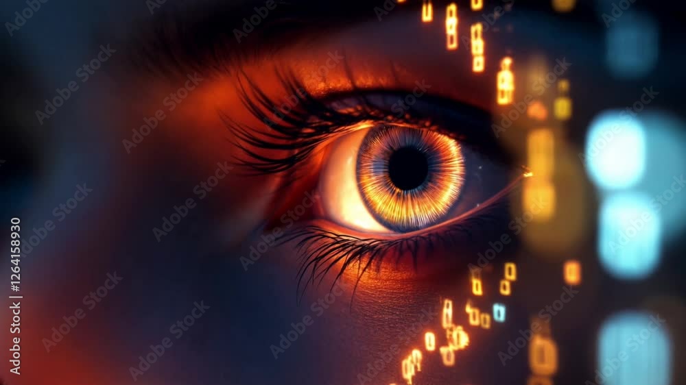1Close-up of a human eye with digital code overlay, representing artificial intelligence and advanced technology concepts in a futuristic setting.
1Close-up of a human eye with digital code overlay, representing artificial intelligence and advanced technology concepts in a futuristic setting.