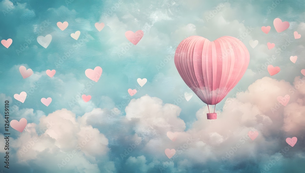 Obraz premium Pink Heart-Shaped Hot Air Balloon in Sky with Hearts