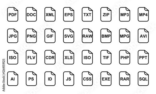 File extensions sheet vector image, vector file extension stock image, Common Image File Extensions