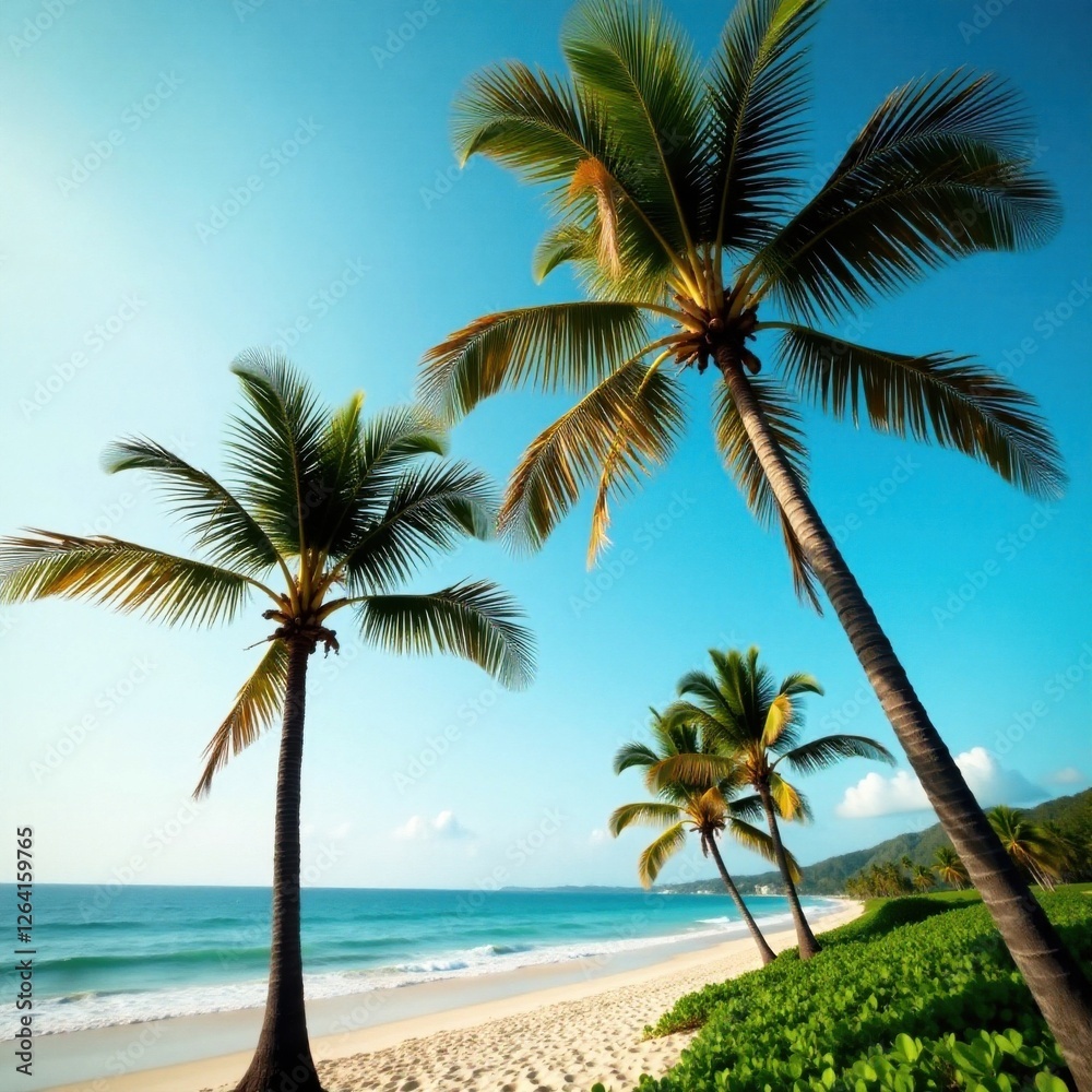Fototapeta premium Palm trees swaying in the wind, palm trees, windy day, forest leaves