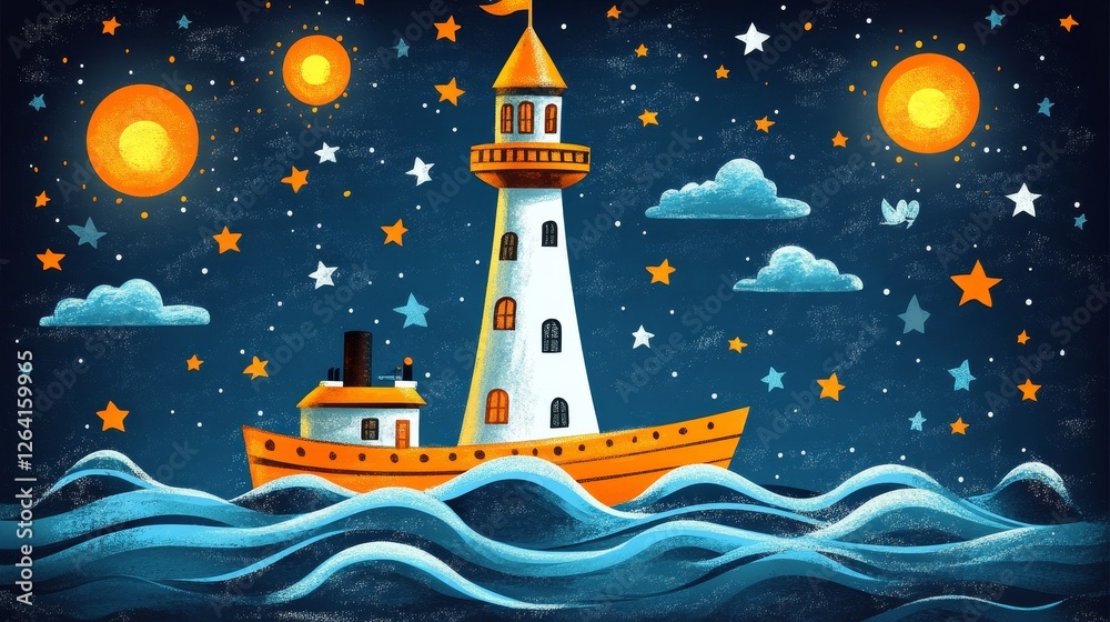 Naklejka premium Pixelated Beacon Guiding Through Starry Waters Maritime Art Coastal Scene Artistic Ocean Voyage Nautical Illustration Maritime Haven