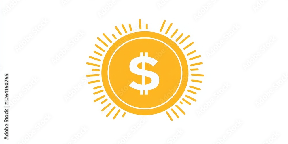 Naklejka premium A vibrant yellow circle, centered with a white dollar sign pointing right, encircled by radiant sunburst rays—a symbol of prosperity and radiance. (148 characters)