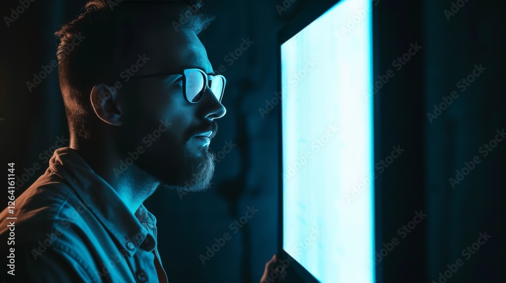Close-up of a bearded man wearing glasses, illuminated by the blue glow of a large computer screen in a dark workspace. The scene has a futuristic, cyber feel. AI generated.