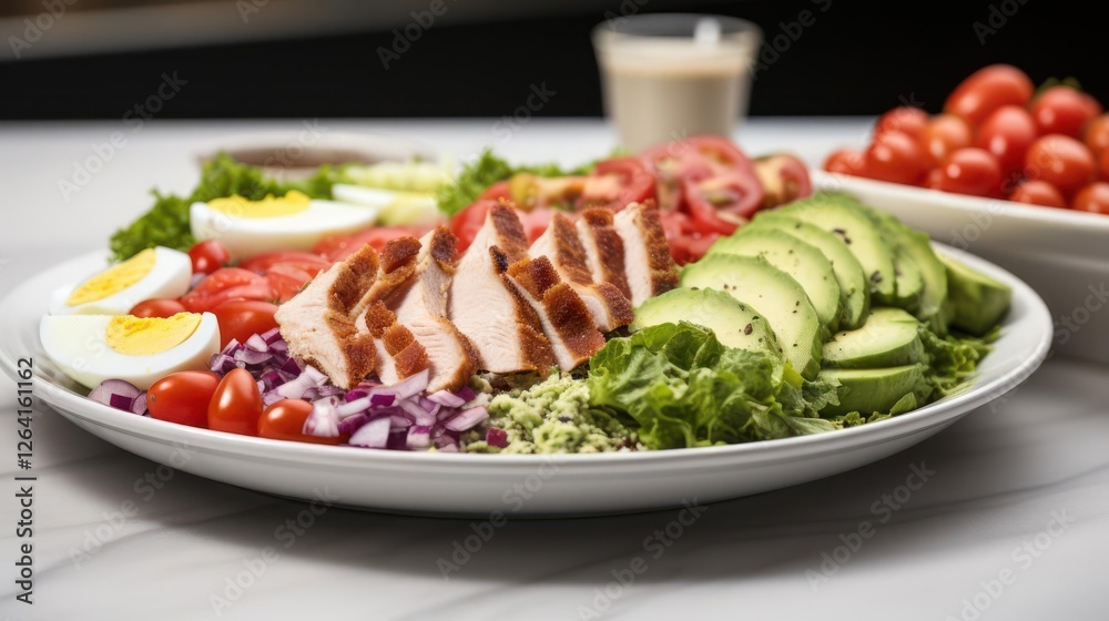 Cobb salad with chicken and ingredients on a plate Cobb salad with chicken and ingredients on a plate