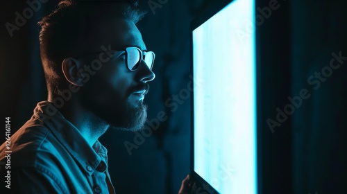 Obraz na płótnie Close-up of a bearded man wearing glasses, illuminated by the blue glow of a large computer screen in a dark workspace. The scene has a futuristic, cyber feel. AI generated. w salonie