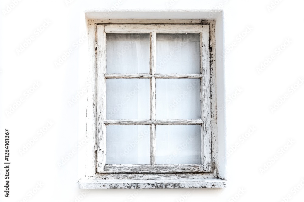 Distressed white window frame against a bright white wall Distressed white window frame against a bright white wall