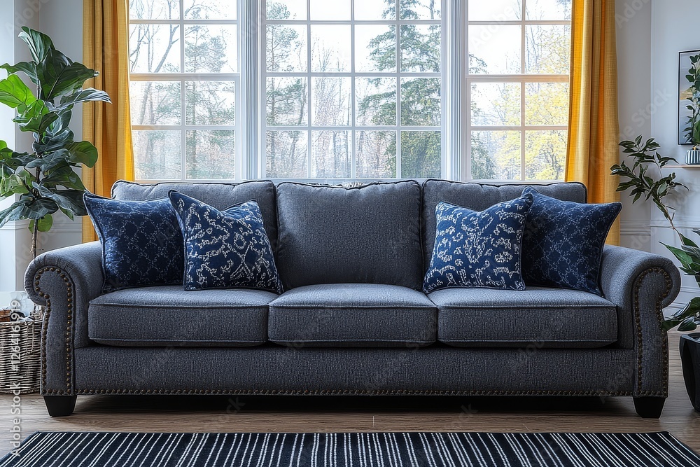 Fototapeta premium Gray Fabric 3-Piece Chaise and Sofa Set with Nailhead Trim and Blue Pillows in Living Room Featuring Black Rug, Yellow Curtains, and Wooden Flooring