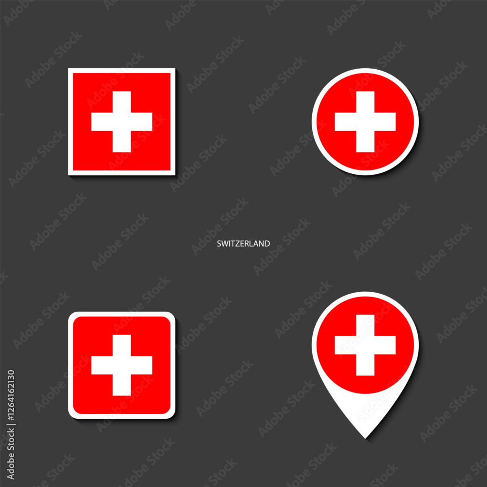 Switzerland flag icon set in different shape (rectangle, circle, square and marker icon) on dark grey background. Switzerland sticker icon collection on barely dark background
Switzerland flag icon set in different shape (rectangle, circle, square and marker icon) on dark grey background. Switzerland sticker icon collection on barely dark background