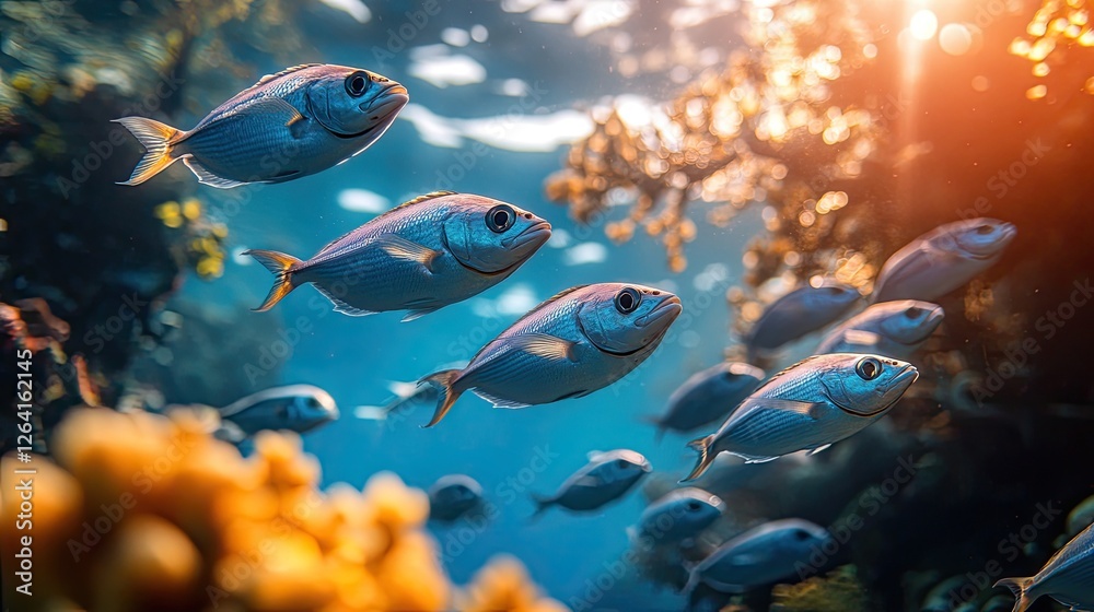 Naklejka premium School of fish swimming gracefully through vibrant coral reef with sunlight filtering through water