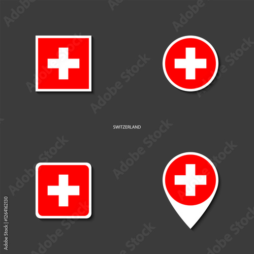 Switzerland flag icon set in different shape (rectangle, circle, square and marker icon) on dark grey background. Switzerland sticker icon collection on barely dark background	

