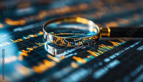 Closeup of a magnifying glass over a financial chart, focusing on data points, symbolizing detailed analysis in a business and finance setting