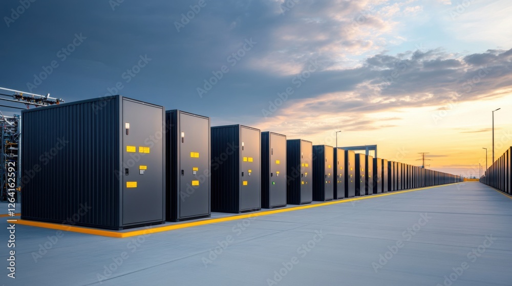 Fototapeta premium Modern Energy Storage Facility Under Sunset Sky with Rows of Battery Units and Industrial Power Equipment