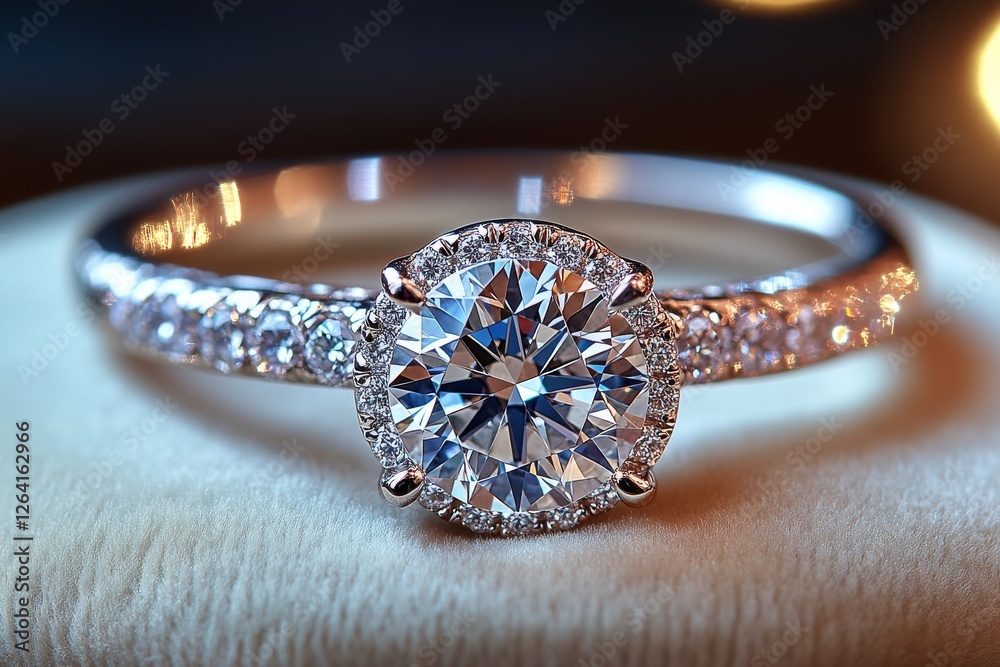 Luxury diamond engagement ring with sparkling stone set in a classic gold band design Luxury diamond engagement ring with sparkling stone set in a classic gold band design