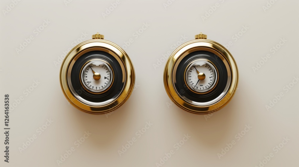 A pair of elegant golden pressure gauges with a vintage-inspired design, symmetrically placed on a neutral surface. The polished gold tones add a luxurious feel. AI generated.