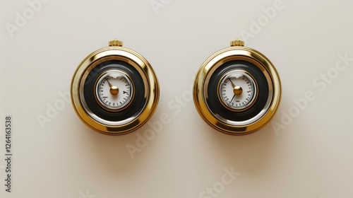 Obraz na płótnie A pair of elegant golden pressure gauges with a vintage-inspired design, symmetrically placed on a neutral surface. The polished gold tones add a luxurious feel. AI generated. w salonie