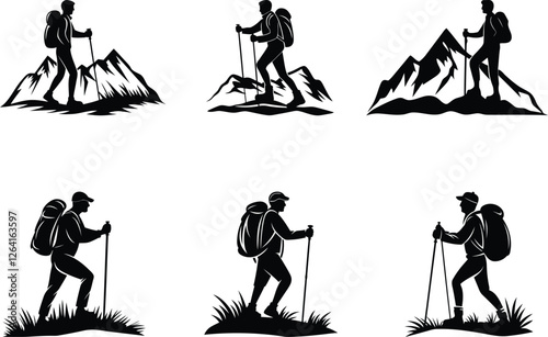 Man hiking set silhouette vector art, man hiking line art vector icon with premium quality