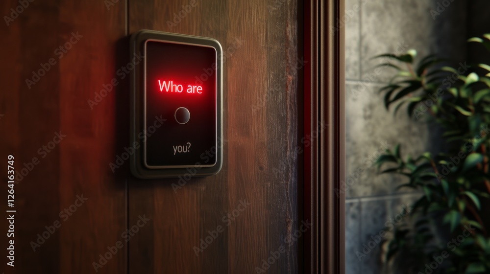 A modern digital door panel displays Who are you in glowing red text, creating a futuristic and mysterious atmosphere. The setting features wood and metal textures. AI generated.