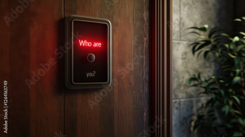 Obraz na płótnie A modern digital door panel displays Who are you in glowing red text, creating a futuristic and mysterious atmosphere. The setting features wood and metal textures. AI generated. w salonie