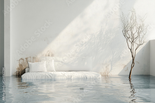 Flooded Modern Room with Damaged Wall and Dry Plant photo