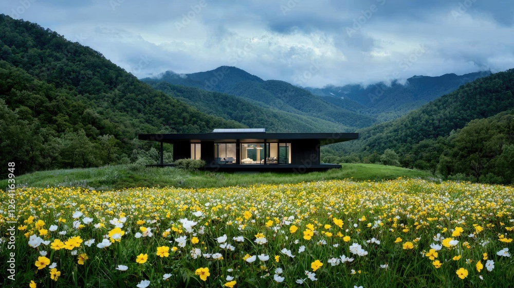 Fototapeta premium Modern house, mountain view, flower field, tranquil setting, architecture design