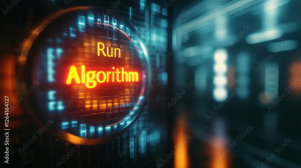 A close-up of a glowing Run Algorithm button in a futuristic digital interface. The neon-lit design and high-tech aesthetic evoke themes of artificial intelligence and automation. AI generated.