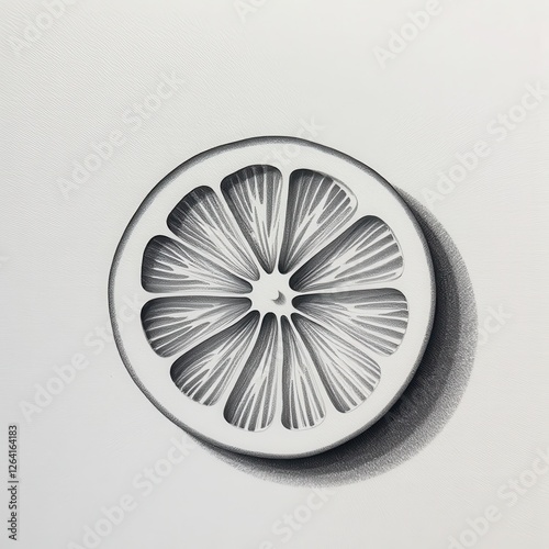 Isolated Lemon Slice Drawing on White Background: Intricate Black and White Artwork. A black and white drawing of a lemon slice. photo