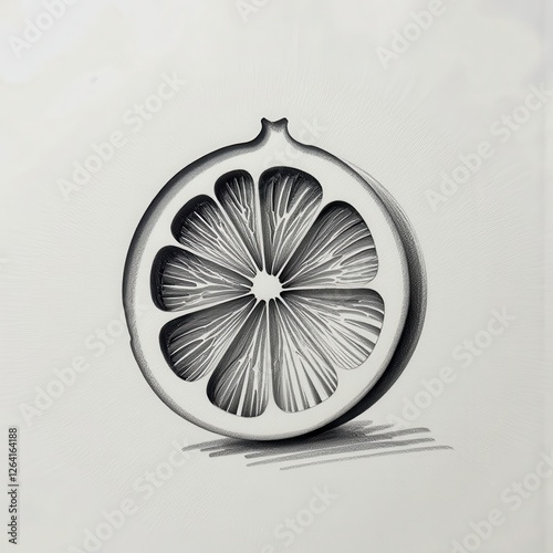 Detailed Black and White Citrus Fruit Drawing Isolated on Pure White Background. A black and white drawing of a lemon cut in half. photo