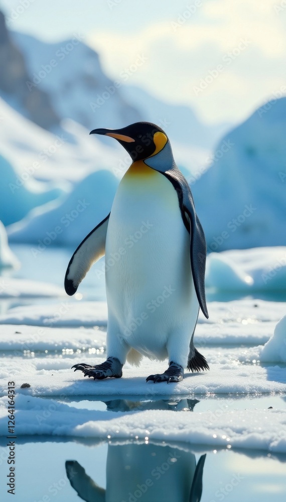 Fototapeta premium Penguin waddling on icy surface, cold climate, penguins, flightless bird