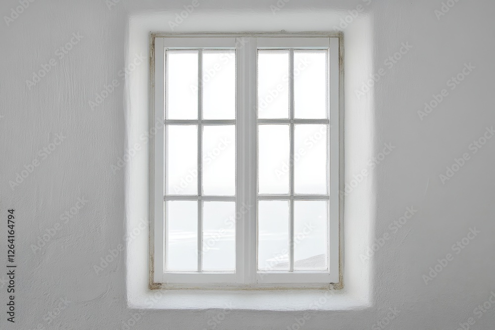 White framed window centered on a textured white wall White framed window centered on a textured white wall