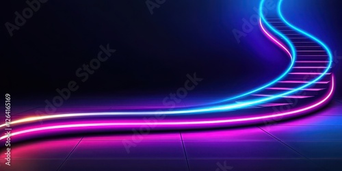 A futuristic, illuminated staircase with neon lights in vibrant colors, creating a visually striking and modern atmosphere.